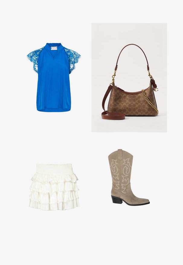 Cream NOLA - Camicetta - galaxy blue; Gonna bianca con ruches e vita arricciata. Presenta volant sovrapposti in tessuto trasparente che creano un aspetto texturizzato e fluttuante.; PULL&BEAR Stivali texani / biker - taupe; COACH SIGNATURE JULIET SHOULDER - Borsa a mano - tan; Collana in oro con perle bianche e conchiglie decorative, tra cui una stella marina, con una combinazione di superfici a trama e lisce.