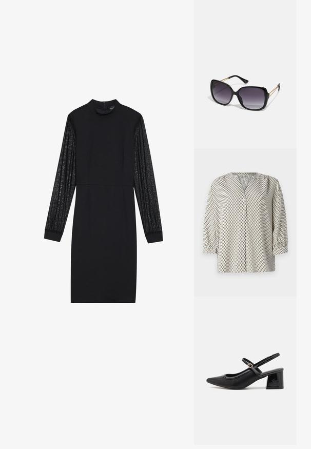 Bluzka zapinana na guziki z lekkiego materiału, z kremowym tłem i czarnymi pionowymi prostokątnymi wzorami, dekoltem w kształcie litery V oraz bufkami.; Czarna sukienka z dopasowanym górnym części i długimi przezroczystymi, teksturowanymi rękawami. Posiada wysoki dekolt i prostą, smukłą sylwetkę.; Czarne lakierowane czółenka na słupku ze spiczastym noskiem, lekko zaokrąglonym wycięciem i obcasem w kształcie bloku. Posiadają złotą klamrę jako akcent dekoracyjny.; Czarne oversize okulary przeciwsłoneczne z gradientowymi soczewkami, grubymi oprawkami i złotym łańcuszkiem na ramionach.; Czarna torebka o usztywnionym kształcie, gładkiej fakturze i metalowym zapięciem. Połączona z szerokimi czarnymi spodniami i sandałami na otwartym palcu na drewnianej podłodze.