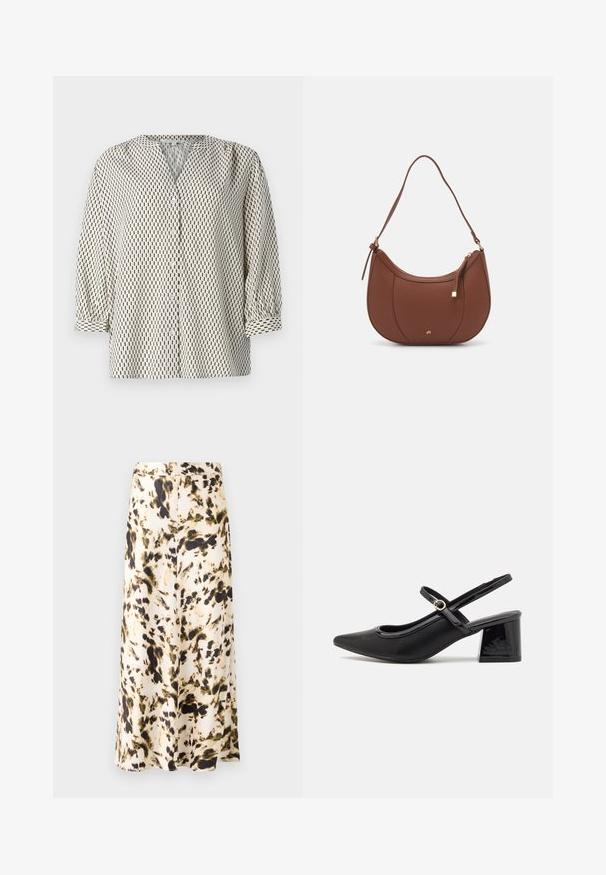 Camicia con bottoni in tessuto leggero, caratterizzata da uno sfondo crema con motivi rettangolari verticali neri, scollatura a V e maniche a sbuffo.; Una gonna al ginocchio in un tessuto leggero con un motivo astratto beige, marrone e verde. Presenta una vita aderente e un design fluido.; Décolleté in vernice nera con cinturino dietro, punta affusolata, design con ritagli arrotondati e tacco a blocco. Presenta un accento di fibbia tono oro.; Borsa a spalla in finta pelle marrone con forma curvata, cuciture minime e un accento in metallo dorato. Presenta una chiusura con zip superiore e una tracolla regolabile.
