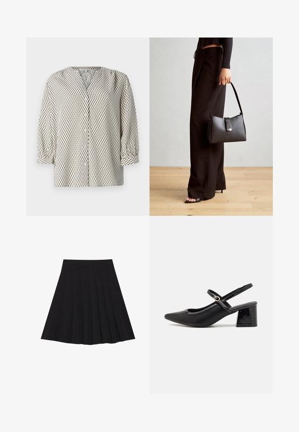 Button-up blouse in lightweight fabric, featuring a cream background with black vertical rectangular patterns, a V-neck, and puffed sleeves.; Black pleated skirt made of textured fabric with a fitted waistband. Falls to knee length, featuring a smooth, clean silhouette.; Black patent leather slingback heels with a pointed toe, a rounded cutout design, and a block heel. Features a gold-tone buckle accent.; Black handbag with structured shape, smooth texture, and a metallic clasp. Paired with wide black pants and open-toe sandals on wooden floor.