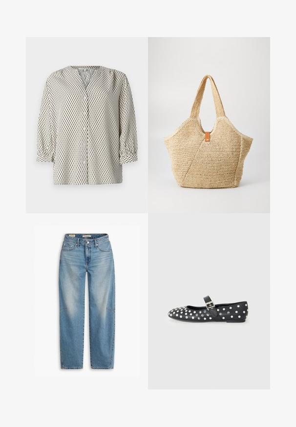 Nööpidega pluus kerge kangaga, millel on kreemitaust ja mustad vertikaalsed ristkülikukujulised mustrid, V-kaelus ja puff-siid. ; Ribitud tank top, millel vahelduvad sinine ja valge kangas. Kujundusel on rindkere piirkonnas väike pruun logo ja sinine ääris kaelas.; Heledad sinine kõrge vöökoht, otse lõikega, klassikalise viie tasku stiiliga ja esipaneelidel kerge pleekimine.; Must musta lameedega king, millel on ümmargune ninapuu, hõbedased nööbid punktide mustriga ja rihm üle jala.; Suur õlgkott, millel on tekstureeritud beež välimus ja kaks laia sang. Omab nahast kaunistusrihma sulgemiseks.