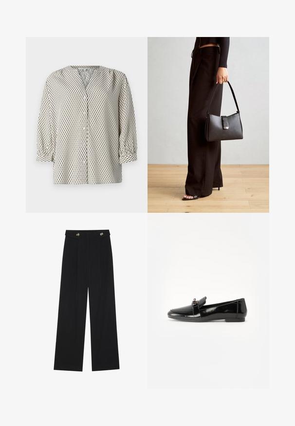 Knapbluse i let stof med en cremefarvet baggrund og sorte lodrette rektangulære mønstre, V-hals og pufærmer.; Sorte vide bukser med høj talje, knapdetaljer på taljebåndet og frontfald.; Sort laklæder loafers med flad sål, rund tå og en dekorativ rem med en guld-tonet accent. Glat, blank finish.; Sort håndtaske med struktureret form, glat overflade og metalspænde. Sammen med brede sorte bukser og sandaler med åben tå på trægulv.