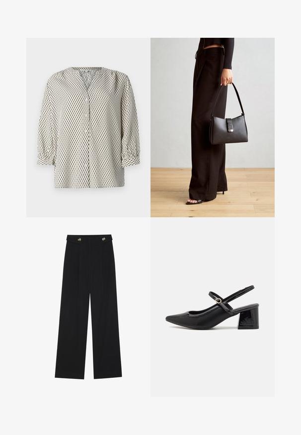 Bluza s gumbi iz lahkega materiala, z bež ozadjem in črnimi navpičnimi pravokotnimi vzorci, V-izrezom in napihnjenimi rokavi.; Črne široke hlače s visokim pasom, gumbnimi detajli na pasu in sprednjimi gubami.; Črne patentne usnjene salonarce s slingback obliko, s koničastim nosom, zaobljenim izrezom in blok peto. Imajo zlato kovinsko zaponko kot dodatno okrasje.; Črna torbica z strukturirano obliko, gladko teksturo in kovinskim zaponko. Ujemajo se z širokimi črnimi hlačami in odprtimi sandali na lesenem tleh.