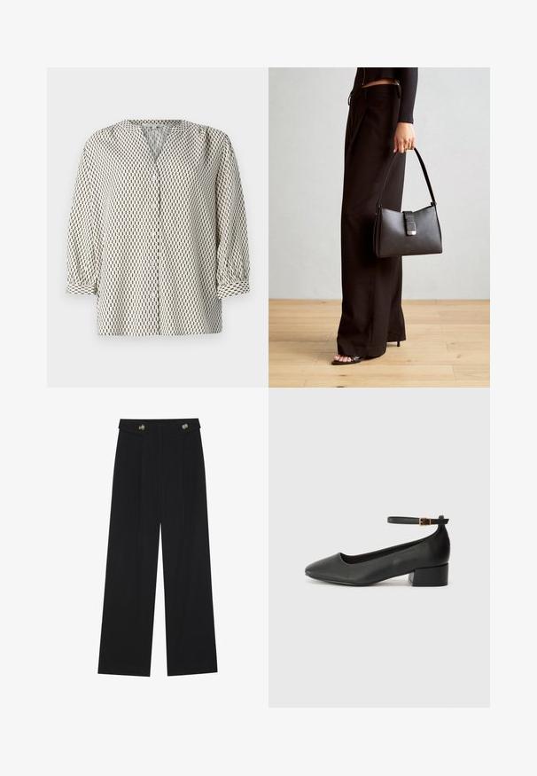 Knopen blouse van lichtgewicht stof, met een crèmekleurige achtergrond en zwarte verticale rechthoekige patronen, een V-hals en pofmouwen.; Zwarte wijde broek met hoge taille, knoopdetails op de tailleband en plooien aan de voorkant.; Zwarte leren pump met een spitse neus en een lage blokhak. Beschikt over een enkelband met een goudkleurige gespsluiting. Gladde textuur.; Zwarte handtas met gestructureerde vorm, gladde textuur en een metalen sluiting. Gecombineerd met brede zwarte broeken en sandalen met open teen op een houten vloer.