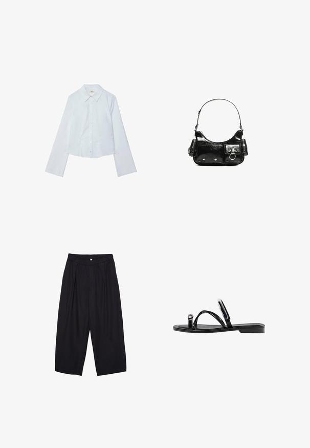 Witte lange mouwen cropped shirt, knoopsluiting aan de voorkant met een puntige kraag, gladde textuur en subtiele glans, met een rechte zoom.; Zwarte polyester culottes met een elastische tailleband, twee voorkreukels en een losse pasvorm. Geen zichtbare patronen of hardware-details.; Zwarte platte sandalen met een glanzende afwerking, drie dunne banden en een ronde hardware detail bij de teen. Slank ontwerp met een minimalistische hak.; Zwarte laarzen in lakleer met een gebogen vorm, één schouderband, voorvakken en accenten in zilverkleurig metaal.