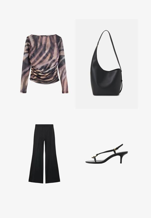 Langarmtop van transparante stof met een subtiele dierenprint. Voorzien van ruches aan de zijkanten. Kleurpalet omvat bruintinten en neutrale kleuren.; Zwarte wijde-pijpen broek met een gladde textuur, gekenmerkt door voorplooien en een op maat gemaakte uitstraling. De stof is lichtgewicht en vloeiend.; Zwarte leren kitten heel sandaal met dunne banden, gouden gesp en minimalistische teenlus op een witte achtergrond.; Zwarte leren hobo tas met een gladde textuur, kromme vorm en een enkele verstelbare schouderband; heeft een brede opening aan de bovenkant.