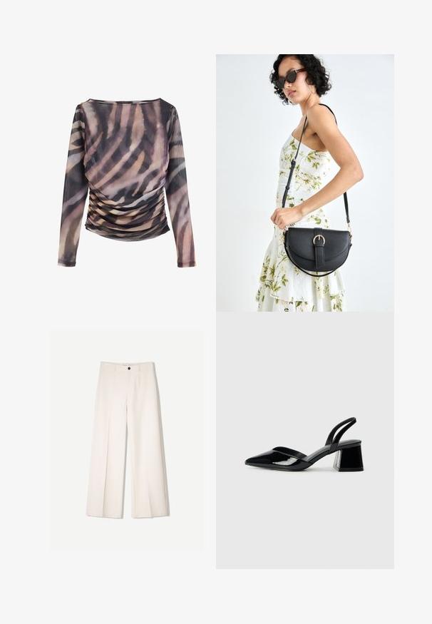 Hosszú ujjú felső átlátszó anyagból, melyen visszafogott állatmintás dizájn található. Az oldalakon fodros részletezéssel. A színpaletta barnákból és semleges színekből áll.; Tejbézs széles lábú nadrág, szabott kialakítással, két elülső zsebbel és egyetlen elülső gombos záródással, sima anyagból készült.; Fekete lakk bőr szandálkés magas sarkú cipő, hegyes orral és geometrikus tömbsarkakkal. Karcsú, minimalista dizájn és sima textúra jellemzi.; Fekete bőrtáska ívelt formával, levehető pánttal és arany színű fémrészekkel. A táskán egy csattal díszített fedél található.