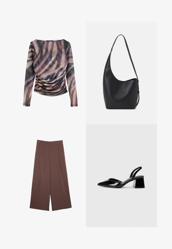Långärmad topp i genomskinligt tyg med ett dämpat djurtryck. Har rynkade detaljer längs sidorna. Färgschemat inkluderar bruna och neutrala toner.; Bruna vida byxor med en slät textur, som har hög midja och framfickor. Tyget är lätt och flödar löst.; Svarta lackläder slingback klackar med spetsig tå och geometrisk klack. Har en elegant, minimalistisk design och slät yta.; Svart läder hobo-väska med en slät textur, kurvig form och en justerbar axelrem; har en bred öppning upptill.