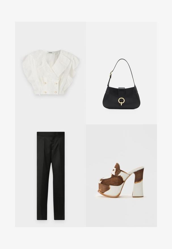 sandro HAUT FOLIE AVEC NEW BOUTONS BRIDAL - Blusa - blanc; Pantalones negros con una tela suave, diseño ajustado, piernas rectas y una cinturilla plana sin cierres ni bolsillos visibles.; Mule de piel de vaca marrón y blanca con un tacón alto grueso y una parte superior tipo mocasín sobre un fondo blanco liso.; Bolso de cuero negro con una silueta curvada, correa corta, herrajes en tono dorado central y textura suave. Sin patrones ni acentos visibles.