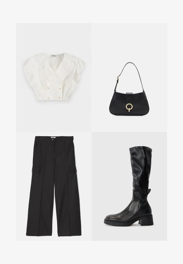sandro HAUT FOLIE AVEC NEW BOUTONS BRIDAL - Bluse - blanc; Svart vide bukser laget av et glatt, slitesterkt stoff. Har frontlommer og to cargo-lommer med knappelukking.; Svart kneehøye støvler laget av glatt skinn, med blokk hæl, rund tå og sømdetaljer langs sømmene.; Svart lærveske med en buet silhuett, kort stropp, sentral hardware i gulltone og glatt tekstur. Ingen synlige mønstre eller aksenter.