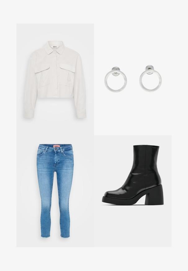 Cropped light beige jacket with a collared neck, long sleeves, two chest pockets, and a textured fabric finish.; Three long-sleeve crop tops stacked, colors white, beige, and muted teal, with round necklines on a light gray background.; Light blue denim skinny jeans with a mid-rise waist, five-pocket design, and raw hem detail at the ankles. Brand label visible at the waist.; Black ankle boots with a glossy finish, square toe, and a thick block heel. The design features a seamless silhouette and minimal branding.; Silver metal hoop earrings with a brushed texture, featuring a circular design and a clear post back for secure wear.