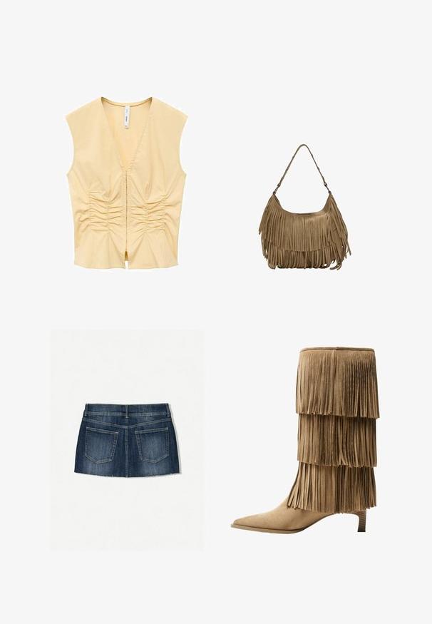 Geel mouwloos topje met een V-hals, voorzien van geplooide details aan de voorkant voor textuur. Gladde stof met een aansluitende silhoutte.; Denim mini-jurk met een donkerblauwe wassing, vijf-pocket ontwerp, rafelige zoom en een slim fit met een platte tailleband.; Franje enkellaars in tan suède met drie gelaagde franjes. V pointed toe en een lage blokhak. Gladde textuur overal.; Bruine suède handtas met lange franjes, een gebogen vorm en een enkele schouderband. Heeft een gladde, gestructureerde oppervlakte.