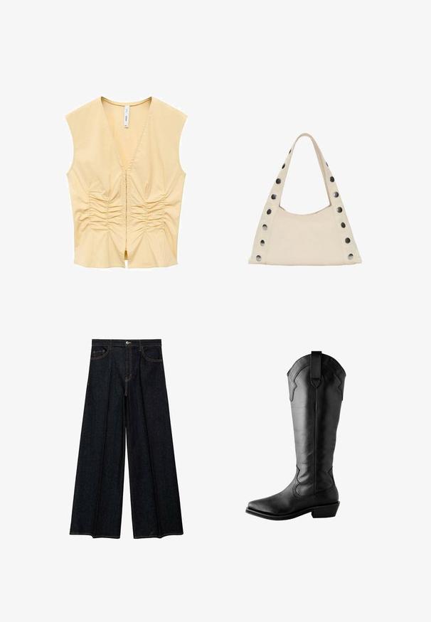 Gul ærmeløs top med V-hals, der har indsamlet detaljering langs fronten for tekstur. Glat stof med en tætsiddende silhuet.; Vide ben jeans i mørkt denim med høj talje, frontlommer og kontrastfarvet syning. Glat tekstur med en skræddersyet finish.; Sorte læderknæhøje støvler med spidse tæer, dekorativ syning, et trækkebånd øverst og en stabelhæl. Glat tekstur.; PULL&BEAR SHOULDER - Shopping bags - beige