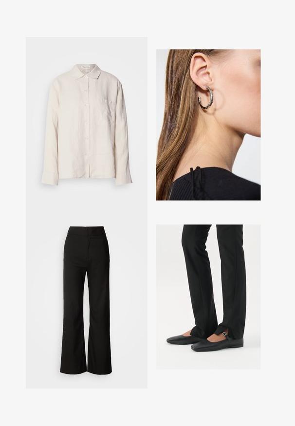 Camisa de linho bege clara com gola, mangas compridas e fecho de botão, apresentando um único bolso no peito e um ajuste descontraído.; Top preto de alças feito de um tecido macio e elástico. Apresenta uma gola redonda e alças largas, com uma silhueta ajustada e textura suave.; Calças largas pretas com uma textura suave, cintura alta e um design clean. Sem bolsos visíveis ou adornos.; Sapatilhas de balé pretas em couro com bico fino, tira com fivela prateada, combinadas com calças pretas ajustadas com bainha fendida.; Brinco de argola prateada com acabamento polido, apresentando pequenos detalhes em dourado e uma forma redonda, usado na orelha.