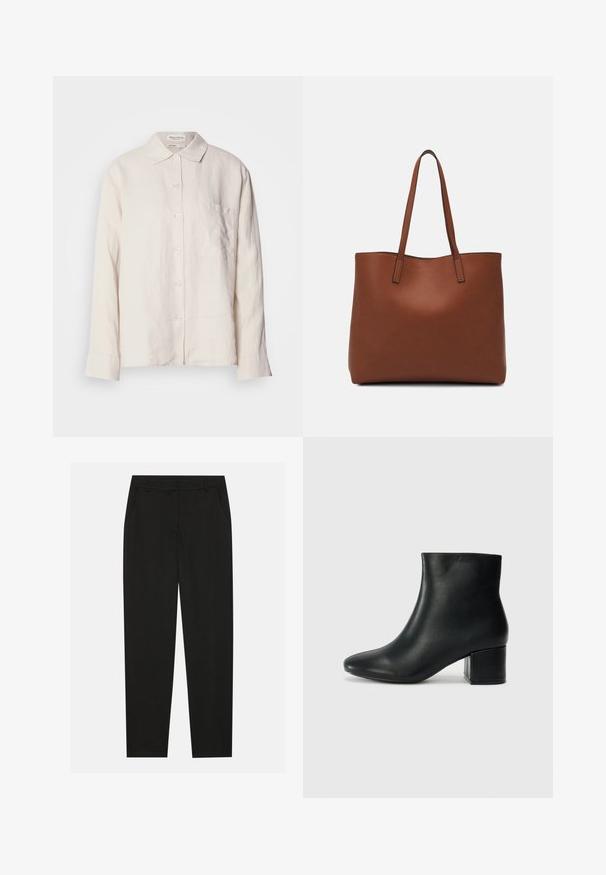 Camisa de linho bege clara com gola, mangas compridas e fecho de botão, apresentando um único bolso no peito e um ajuste descontraído.; Calças pretas com um design ajustado, apresentando bolsos laterais e pernas retas. Feitas de um tecido suave e leve com um acabamento elegante.; Botas de tornozelo em pele preta com bico pontiagudo e um salto robusto. Textura suave com acentos mínimos e um design ajustado e elegante.; Bolsa tote de couro castanho com uma textura suave, design de abertura superior e duas alças para o ombro. Apresenta costura mínima e sem hardware visível.