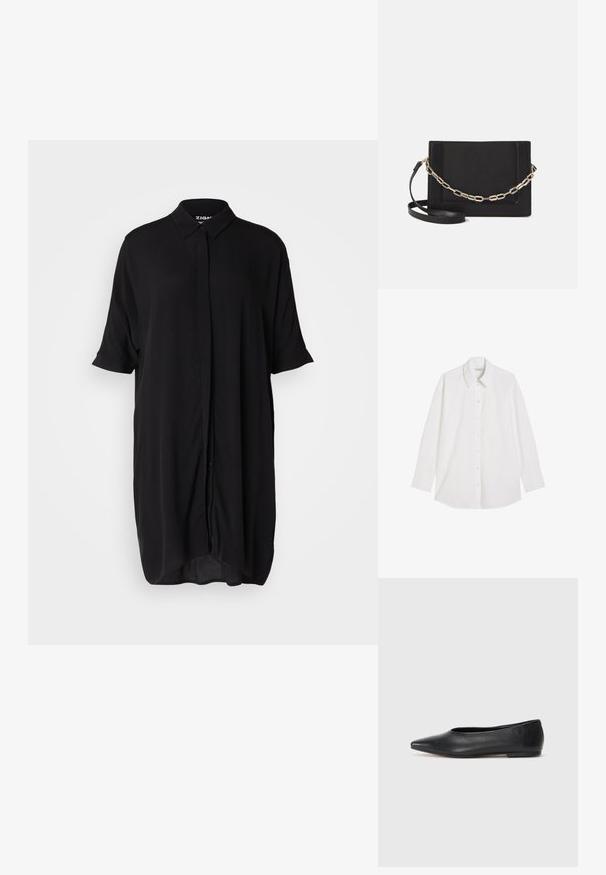 Weiße Langarm-Hemdbluse mit spitzen Kragen und einer einzelnen Brusttasche, auf einem weißen Hintergrund flach ausgelegt.; Schwarzes, kurzärmliges Hemdkleid aus leichtem Material. Verfügt über einen Kragen, eine durchgehende Knopfleiste und eine lockere, verlängerte Silhouette.; Schwarze Leder-Balletschuhe, spitze Zehenform, minimalistische Gestaltung, glatte Textur, niedriger Absatz, keine sichtbaren Beschläge oder Verzierungen.; Schwarze Leder-Crossbody-Tasche mit glatter Textur, rechteckiger Form und metallic-kettendetail auf der Vorderseite. Verstellbarer Gurt inklusive.