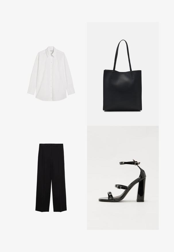 Weiße Langarm-Hemdbluse mit spitzen Kragen und einer einzelnen Brusttasche, auf einem weißen Hintergrund flach ausgelegt.; Schwarze weit geschnittene Hosen aus glattem Stoff, mit Falten an der Vorderseite und seitlichen Taschen, entworfen in einem geraden, lässigen Schnitt.; Schwarze Lackleder-Sandalen mit hohen Absätzen, zwei Riemen mit Schnallen, quadratischer Zehenpartie und klobigem Blockabsatz, mit einer glatten, glänzenden Textur.; Schwarze Laptoptasche aus Leder mit glatter Textur, rechteckiger Form und zwei langen Griffen. Keine sichtbaren Beschläge oder Verzierungen.