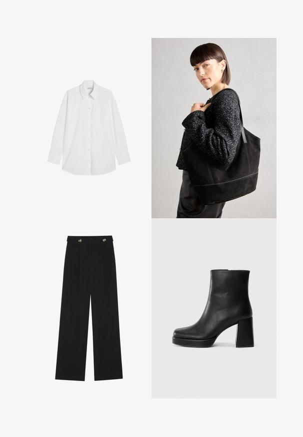 Weiße Langarm-Hemdbluse mit spitzen Kragen und einer einzelnen Brusttasche, auf einem weißen Hintergrund flach ausgelegt.; Schwarze weite Hosen mit hoher Taille, Knopfdetails am Bund und vorderen Falten.; Schwarze Leder-Stiefelette mit Blockabsatz und Plattformsohle, seitlich auf einem schlichten weißen Hintergrund betrachtet.; Schwarze Wildleder-Tote-Tasche mit glatter Textur, strukturiertem Design und kontrastierenden Nähten. Verfügt über lange Träger zum Tragen über der Schulter.