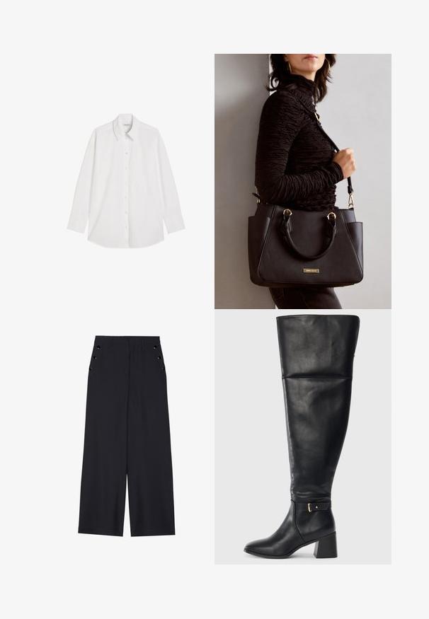 Witte lange mouwen overhemd met button-up en puntige kraag, met een enkele borstzak, plat gelegd op een witte achtergrond.; Zwarte wijde broek in donkerblauw materiaal, met een gladde textuur, voorplooien en decoratieve goudkleurige ogen op de zijzakken.; Zwarte leren kniehoogte laars met blokhak en decoratieve band met gouden gesp boven de enkel, zijaanzicht op witte achtergrond.; Zwarte handtas met gestructureerd oppervlak, dubbele bovenhandvatten en verstelbare schouderriem. Voorzien van goudkleurige hardware en zijzakken.