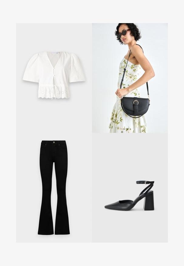 Bela kratka majica s kratkimi rokavi in V-izrezom, sprednjimi gumbi in vrvico za zategnitev v pasu. Ima čipkast rob s izrezljanimi cvetličnimi vzorci na robu.; Črne visokotopne kavbojke z gumbom in zadrgo, sprednjimi žepi in razširjenimi hlačnicami, poleg bel background.; Črne usnjene klasične čevlje z ostrim nosom, z zaponko za gleženj in debelim peto. Ravna tekstura, eleganten dizajn in minimalistična estetika.; Črna usnjena torbica s ukrivljeno obliko, z odstranljivo naramnico in zlatimi dodatki. Torbica ima pokrov s podrobnostmi v obliki zaponke.