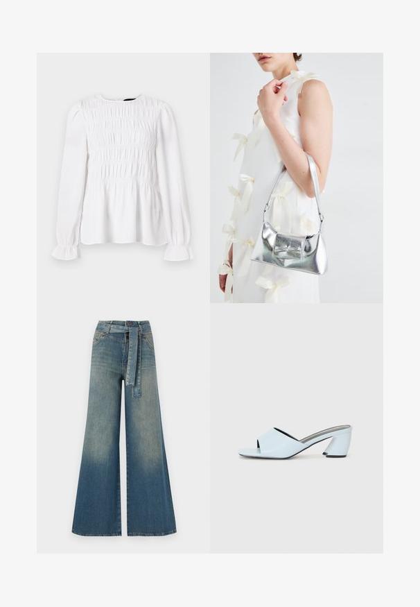 Vit långärmad topp med rynkad textur, rund halsringning och volangärmar. Lättviktig tyg med en något lös passform.; Breda denimbyxor med en ljus till mörkblå gradient, hög midja, bälteshällor och ett matchande tygbälte. Texturerad denimfinish.; Ljusblå öppna klackskor med geometrisk design, med ett brett rem över foten och en kraftig, vinkelrät klack.; Silver metallic handväska med en strukturerad form, utrustad med ett handtag upptill och en rosettdetalj på framsidan. Slät textur, reflekterande finish.