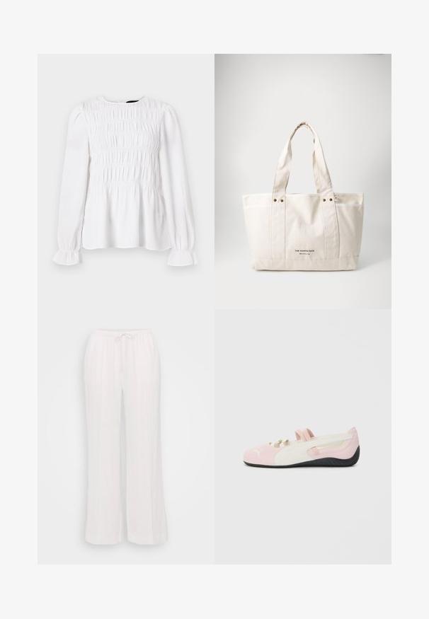 Hvit langermet topp med samlet tekstur, rund hals og volangmanchetter. Lett materiale med en litt løs passform.; Hvite vide bukser laget av lett stoff, med elastisk midje og snøring samt vertikale sømmer for tekstur.; Rosa semskede slip-on sko med hvite detaljer, gummisåle og elastiske stropper. Har et teksturert design og en liten logo foran.; Canvas tote bag i lys beige med to robuste håndtak, kontrasterende hvit kant og logoen "THE NORTH FACE" i svart på forsiden.