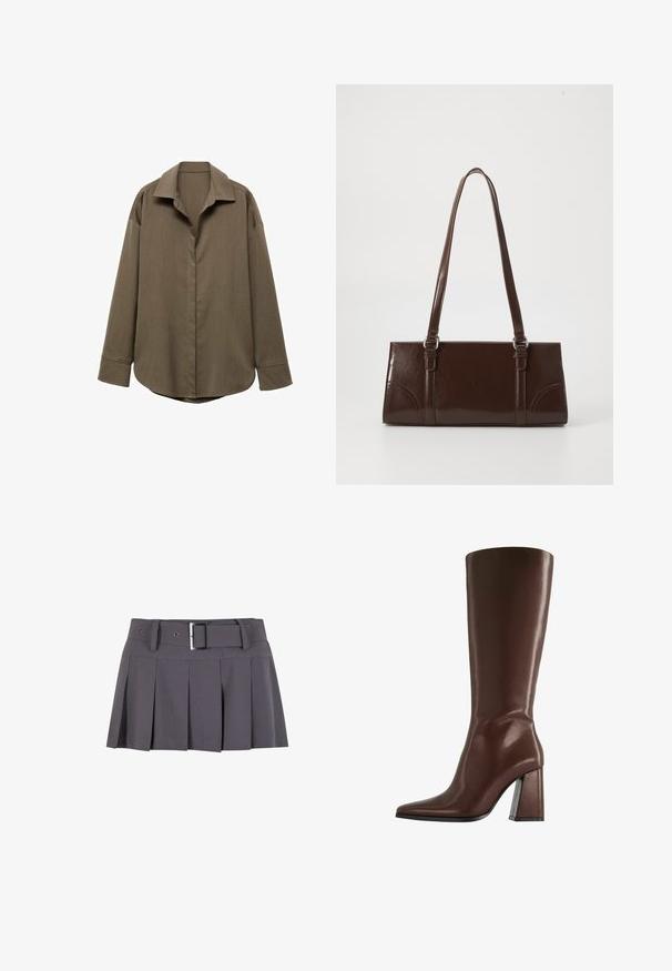 Mango Skjortebluser - light brown; Grå plisseret mini skirt med en glat tekstur, der har en bred taljeafsnit, bæltestropper og en rektangulær sølvspænde detalje.; Brun knæhøj læderstøvle med spids tå og robust midthøj hæl vist i sideprofil på hvid baggrund.; Brun lakeret håndtaske med rektangulær form, to lange håndtag og subtile buede detaljer på fronten.