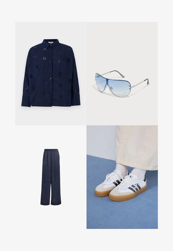 Camisa azul-marinho abotoada feita de tecido leve, apresentando padrões de recortes florais e um colarinho, com mangas longas e um corte descontraído.; Calças largas azul-marinho feitas de tecido suave, com um cós elástico e sem acessórios visíveis. Apresenta um corte descontraído e design de comprimento total.; Ténis brancos com riscas pretas e detalhes em camurça bege. Apresentam uma sola de borracha texturizada e atacadores brancos lisos, usados com meias de tom claro.; Óculos de sol aviador com lentes azuis em degradê, armação metálica prateada e detalhes decorativos de estrelas nas lentes. Design suave e elegante.