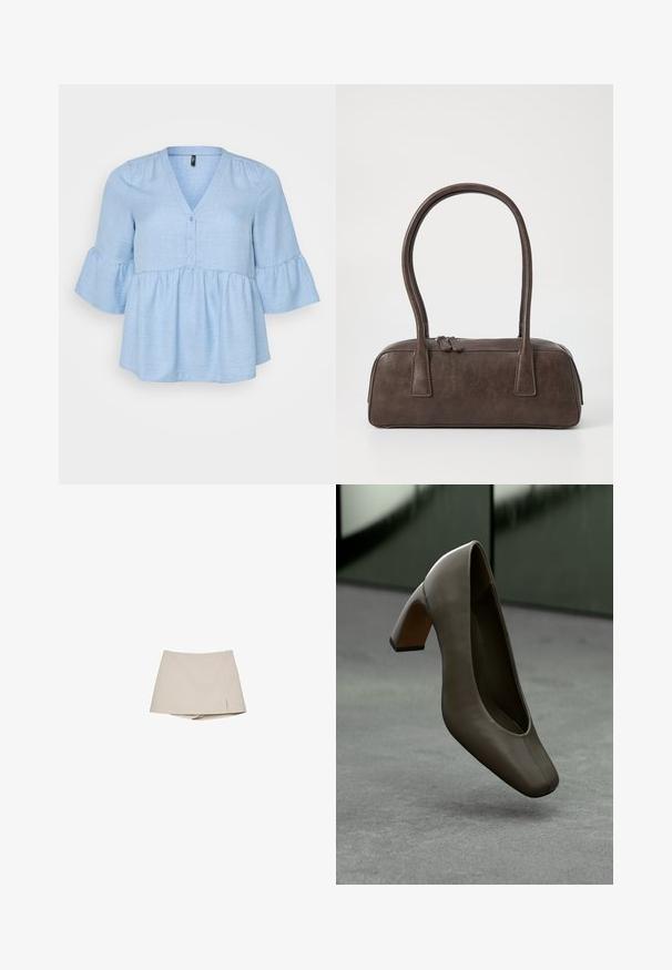 Haut en tissu tissé bleu clair avec un décolleté en V, des détails de boutons et des manches cloche trois-quarts. L'ourlet peplum évasé ajoute du volume.; Jupe-culotte beige pour femmes avec une légère fente avant et un short intégré en dessous, présentée sur un fond blanc.; Chaussure à talon haut en cuir vert olive foncé avec un bout carré et un talon bloc, flottant au-dessus d'un sol en béton gris avec un arrière-plan vert flou.; Sac à main en cuir marron avec deux poignées robustes, de forme rectangulaire, texture lisse et fermeture zippée. Design minimaliste sans motifs visibles.; Boucles d'oreilles en métal argenté avec un design ondulé et sculptural, présentant une finition polie et des formes irrégulières, mettant en valeur une esthétique contemporaine.
