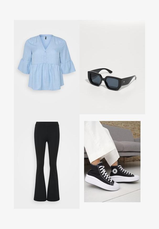 Top de tela tejida en azul claro, con escote en V, detalles de botones y mangas de campana de tres cuartos. El dobladillo peplum acampanado añade volumen.; Tres camisetas ajustadas en blanco, gris y negro. Cada una cuenta con un escote amplio y mangas cortas. Están hechas de una tela suave y elástica.; Pantalones negros de campana hechos de una tela elástica, con una cintura alta y una textura suave. Los pantalones se ensanchan desde la rodilla.; Zapatillas altas de lona negra con suelas y cordones de goma blanca. Presentan un logo circular en el lateral y costuras blancas en contraste.; Gafas de sol negras de gran tamaño con un diseño geométrico, lentes rectangulares y un acabado brillante. Sin marca visible en la parte frontal.