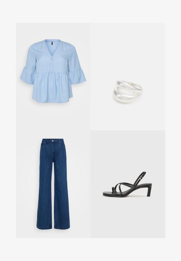 Light blue, woven fabric top with a V-neck, button details, and three-quarter bell sleeves. Flared peplum hem adds volume.; Wide-leg blue denim jeans with a high waist, front button and zipper closure, and front and back pockets against a plain background.; Black strappy sandal with a square toe and a low block heel. Features multiple thin straps and an adjustable ankle strap. Made of smooth leather.; Silver double-band ring with a smooth, polished surface. Features a fluid, curved design with overlapping sections for a modern look.