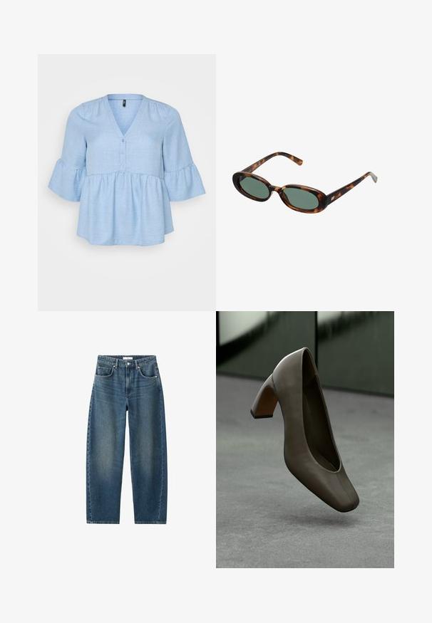 Svijetloplavi, tkaninski top s V-izrezom, detaljima gumba i rukavima do tri četvrtine u obliku zvona. Prošireni peplum rub dodaje volumen.; Tamno plave traperice s ravnim nogavicama, dizajnom od pet džepova i klasičnim zatvaranjem na dugme. Mehak materijal s blagim izbljeđivanjem.; Tamno maslinasto zeleni kožni cipela na visokoj peti sa četvrtastim vrhom i blok petom, lebdi iznad sivo-betonskog poda s izmaglicom u pozadini.; Sunčane naočale u boji kornjače s ovalnim okvirom i zelenim staklima. Imaju tanke ručke s metalnim detaljem blizu šarki.; Srebrne metalne naušnice s valovitim, skulpturalnim dizajnom, naglašenim sjajnom završnom obradom i nepravilnim oblicima, što ističe suvremeni estetski izraz.