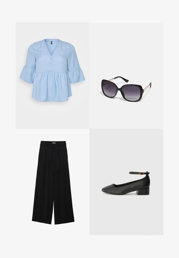 Light blue, woven fabric top with a V-neck, button details, and three-quarter bell sleeves. Flared peplum hem adds volume.; Black wide-leg pants featuring a textured fabric, an elastic waistband, and a detachable sash tie at the waist for adjustable fit.; Black leather pump with a pointed toe and a low block heel. Features an ankle strap with a gold-tone buckle. Smooth texture.; Black oversized sunglasses with gradient lenses, thick frames, and gold-tone chain detailing on the temple arms.