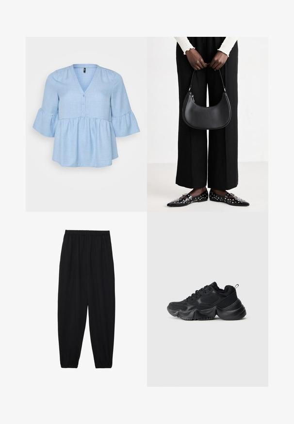 Lichtblauw, geweven stoffen top met een V-hals, knoopdetails en driekwart bell mouwen. De uitlopende peplumzoom voegt volume toe.; Zwarte, lichte broek met een elastische tailleband en gathered enkels. De stof is glad en heeft een ontspannen, taps toelopend ontwerp.; Zwarte sneakers met een mix van gladde en textuurmaterialen, dikke zolen, ronde vorm en decoratieve stiksels. Voorzien van een zachte, pluche manchet.; Zwarte lederen schoudertas met een ronde vorm, glanzende afwerking en zilverkleurige hardware. Persoon in zwarte wijde broek en gestifte loafers.