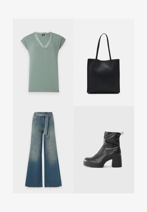 Jasnozielona koszulka typu V-neck wykonana z miękkiego materiału, z koronkowym wykończeniem przy dekolcie, z krótkimi rękawami oraz luźnym krojem.; Szerokie spodnie dżinsowe z gradientem od jasnoniebieskiego do ciemnoniebieskiego, wysokim stanem, szlufkami na pasek oraz pasującym paskiem z tkaniny. Teksturowany wykończenie dżinsu.; Czarne botki za kostkę wykonane z gładkiej skóry, wyposażone w boczny zamek błyskawiczny, masywny teksturowany obcas oraz zaokrąglony czubek.; Czarna skórzana torba tote o gładkiej fakturze, prostokątnym kształcie i dwóch długich uchwytach. Brak widocznych elementów metalowych i ozdób.