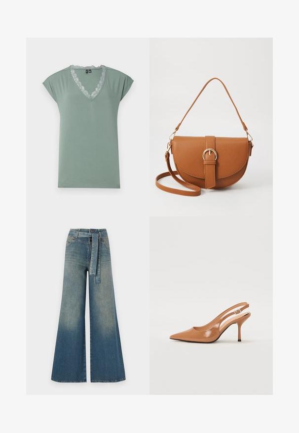 Hele rohelise V-kaelusega T-särk, mis on valmistatud pehmest kangast, millel on pitsäärised kaela ümber. Särgil on lühikesed kattevarrukad ja see on mugava lõikega.; Laiad denimpüksid, millel on hele tume sinine gradiendiefekt, kõrge vöökoht, vöökumlid ja sobivast kangast vöö. Struktureeritud denimi viimistlus.; Küüntega slingback konts, mis on valmistatud siledast ja läikivast tan värvi materjalist. Omab kaarjat lõigatud disaini ja õhukest stiletto kontsa. Hõbedane pandla detail.; Pruun nahast õlakott, millel on kumer kuju, kullavärvi riistvara ja pandlaga kaunistus. Omab eemaldatavat õlarihma.