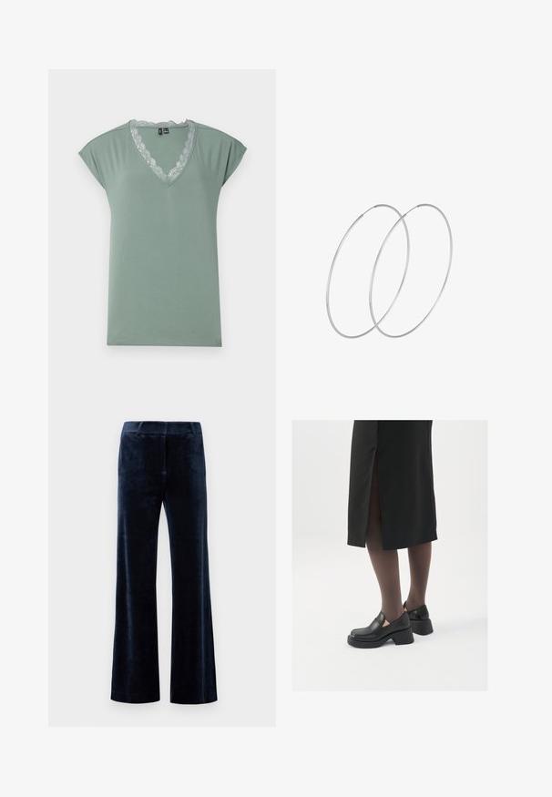 Světlý zelený tričko s výstřihem do V vyrobené z měkké tkaniny s krajkovým zdobením kolem výstřihu, s krátkými rukávy a volným střihem.; Námořnické modré zvonové kalhoty vyrobené z měkkého sametu. Mají hladkou texturu, upravený pas a čistě střižené okraje. Bez viditelného kovového vybavení nebo vzorů.; Černé kožené boty s kulatou špičkou, silným blokovým podpatkem a elastickými bočními akcenty, spárované s tmavými punčochami a černou sukní se rozparkem.; Stříbrné kruhové náušnice s minimalistickým designem. Kruh, hladký povrch a tenký profil. Lehká konstrukce s lesklým povrchem.