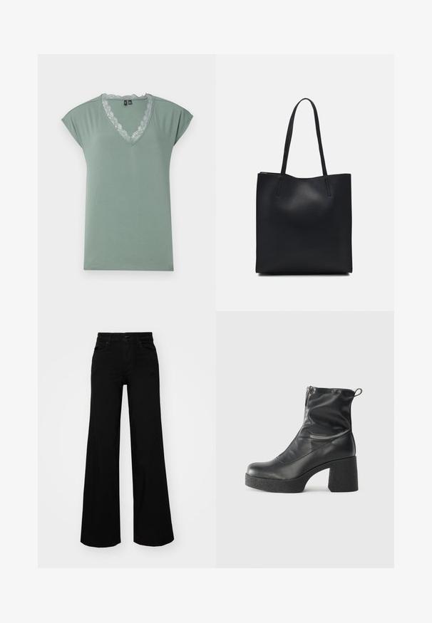 Világos zöld V nyakú póló, puha anyagból készült, csipke díszítéssel a nyakrészen, rövid pántos ujjal és laza szabással.; Fekete, bő szárú farmernadrág, amelynek állítható derékrésze van, övhurkokkal és elülső zsebekkel. Simaság jellemzi, klasszikus dizájnnal.; Fekete bokacsizmák sima bőrből, oldalsó cipzárral, vastag, texturált sarkú és lekerekített orrú dizájnnal.; Fekete bőrtáska sima felszínnel, téglalap alakú, két hosszú füllel. Nincs látható fémkiegészítő vagy díszítés.