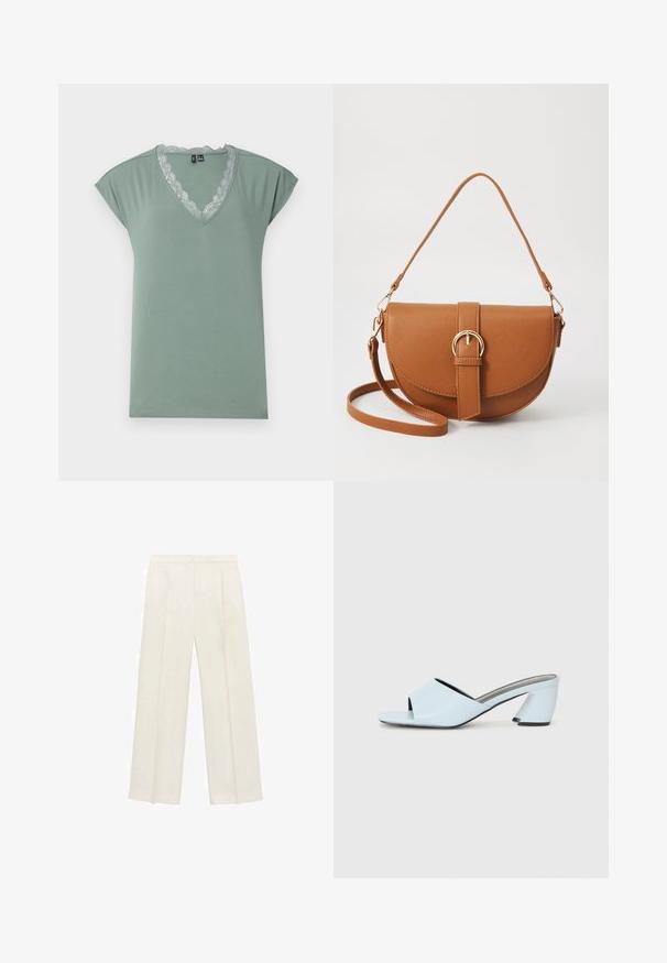Svijetlozelena T-majica s V-izrezom, izrađena od mekog materijala s čipkastim rubom oko izreza, sa kratkim kap sleeves i opuštenim krojem.; Hlače širokog kroja u svijetloj krem boji. Izrađene su od glatkog materijala s plisama sprijeda i bočnim džepovima.; Svijetloplave sandale na visoku petu s otvorenim prstima, s geometrijskim dizajnom, koje imaju široku traku preko stopala i debelu, kutnu petu.; Smeđa kožna torba preko tijela s zakrivljenim oblikom, zlatnim metalnim detaljima i naglaskom na kopču. Ima odvojivu naramenicu.