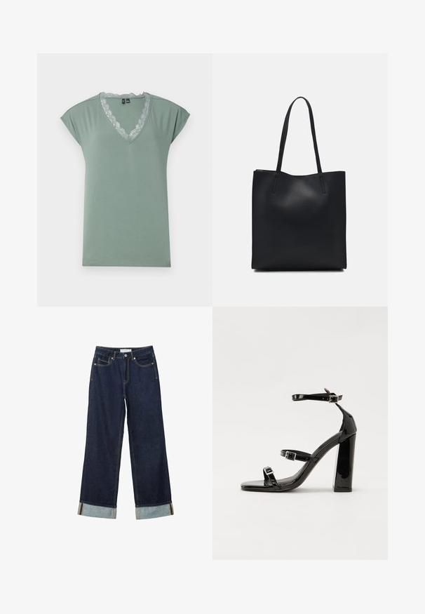 Svetlozelené tričko s V-výstrihom vyrobené z jemnej látky, s čipkovaným lemovaním pozdĺž výstrihu, krátke balónové rukávy a voľný strih.; Tmavo modré široké nohavice s vysokým pásom, s manžetami, kontrastným šitím a dizajnom s piatimi vreckami. Vyrobené z denimu.; Čierne lakované sandále na podpätku so štvorcovou špičkou, navlečenými remienkami okolo členku a striebornými prackami. Disponujú masívnym blokovým podpätkom pre stabilitu.; Čierna kožená taška na rameno s hladkým povrchom, obdĺžnikovým tvarom a dvoma dlhými uchami. Bez viditeľného kovania alebo ozdôb.