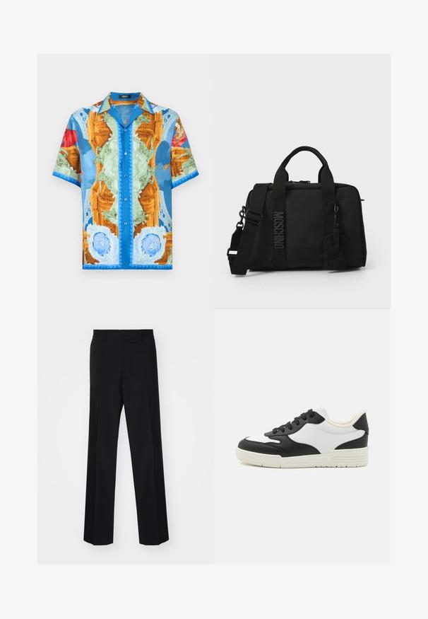Short-sleeve button-up shirt featuring a vibrant, multi-colored design with classical motifs, predominantly blue, orange, and green.; Black tailored trousers with a wide-leg design, featuring a smooth texture and sharp creases, made from a woven fabric.; Black and white sneaker with a smooth leather upper, rounded toe, and flat rubber sole. Features black laces and soft inner lining.; Black textile bag with dual handles and detachable shoulder strap. Features embossed logo and leather tag. Smooth texture, rectangular shape.
