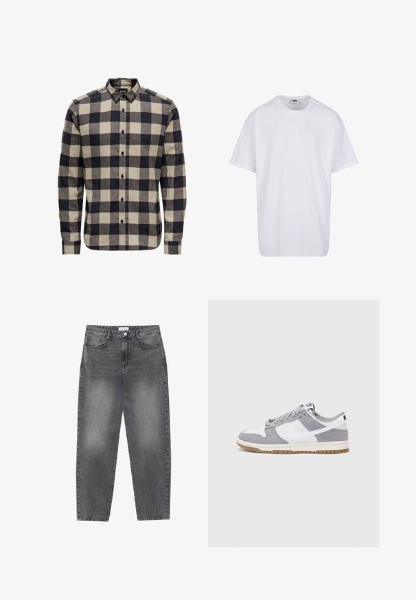 Meeste fliisist särk musta ja kreemika värvitooniga, millel on klassikaline ruuduline muster, nööbitav krae ja pikad varrukad nööbiga varrukamansetiga.; Valge puuvillane t-särk lühikeste varrukatega, ümmarguse kaelusega, lõdva lõikega ja ilma nähtavate logodeta või mustriteta. Sile tekstuur ja minimaalne disain.; Kõrgema vöökohtadega, lõdva lõikega teksad, mis on valmistatud tuhmist mustast denimist. Selles on viis taskut, traksid ja puhas, sirge säärelõige.; Nike'i tossudel on hallist seemisnahast ja valgest nahast pealiskate, millel on perforatsioonid, ümmargused paelad ning haarduvusega kummist tald.