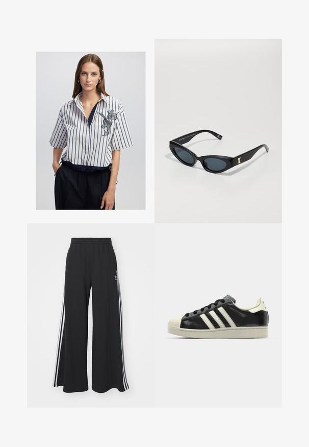 Kobieta z prostymi brązowymi włosami nosi biało-niebieską koszulę w pionowe paski z haftem kwiatowym, włożoną w czarne spodnie, stoi z ręką w kieszeni.; Czarne szerokie spodnie dresowe z elastycznym pasem, z białymi paskami po bokach i haftowanym logo na lewej udzie.; Czarne skórzane trampki z białymi paskami, gumowym czubkiem, czarnymi sznurówkami i kremową podeszwą. Gładka faktura z połyskującym wykończeniem.; Czarne okulary przeciwsłoneczne o eleganckim, kanciastym designie. Posiadają ciemne soczewki, błyszczące wykończenie oraz złoty akcent na zauszniku.