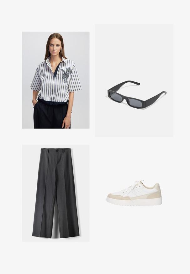 Eine Frau mit glatten, braunen Haaren trägt ein vertikal gestreiftes Hemd in Weiß und Blau mit Blumenstickerei, das in schwarze Hosen gesteckt ist, und steht mit einer Hand in der Tasche.; Weite Beinhosen aus dunkelgrauem Stoff mit Knopfverschluss, vorderen Falten und Gürtelschlaufen. Glatte Textur mit maßgeschneidertem Design.; Weißer Sportschuh mit einer glatten Lederoberfläche und Wildlederakzenten, einer abgerundeten Zehenpartie und einer strukturierten Gummisohle. Schnürsenkel sind zentral platziert.; Schwarze rechteckige Sonnenbrillen mit dunklen Gläsern und dicken matten Rahmen. Die Bügel sind leicht verjüngt und haben eine glatte Oberfläche.