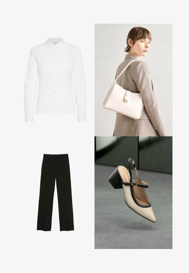 Fehér gombos ing sima anyagból. Hosszú ujjak, klasszikus gallér, és hat elülső gomb jellemzi, testhezálló fazonban.; Fekete, bő szárú nadrág sima anyagból, melynek kényelmes derékrésze és diszkrét elülső redők adnak extra textúrát.; Beige, hegyes orrú, pántos cipő fekete díszítéssel, arany csattal és vastag blokk sarokkal, szürke padlón, sötétzöld háttér előtt.; Fehér bőr táska strukturált dizájnnal, mágneses záródással és vállpánttal, semleges háttér előtt bemutatva.