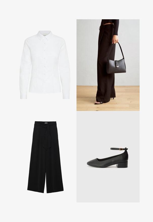 Valge nööpidega särk, mis on valmistatud siledast kangast. Omab pikki varrukaid, klassikalist kraed ja kuut esist nööpi, sendoob seda hästi. ; Mustad laiad püksid, millel on tekstureeritud kangas, elastne vöökoht ja eemaldatav pael vööst, et reguleerida sobivust.; Must mustaapp, millel on terav nina ja madal blokk-kand. Omab pahkluu rihma koos kuldse tooni pandlaga. Sile tekstuur.; Must musta kott, millel on struktureeritud kuju, sile tekstuur ja metallist klamber. Kombineeritud laiate mustade pükstega ja avatud varvaste sandaalidega puidust põrandal.