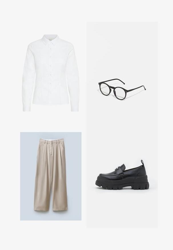White button-up shirt made of smooth fabric. Features long sleeves, a classic collar, and six front buttons with a fitted design.; Beige wide-leg trousers with a textured finish, featuring two side pockets, front pleats, and a waistband for secure fit.; Black leather slip-on shoe with a chunky black rubber sole. Features a broad strap across the front and a stitched design around the toe.; Round black sunglasses with clear lenses, thin black arms, and small metallic accents on the front. Classic design with minimalist style.