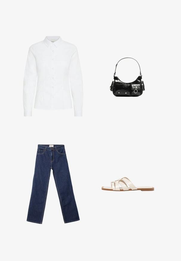 Hvid skjorte med knaplukning lavet af glat stof. Den har lange ærmer, en klassisk krave og seks frontknapper med en tætsiddende pasform.; Mørkeblå lige ben jeans med forlommer, bæltesløjfer og knaplukning.; Flade sandaler med en lys gummisål, designet med tre overlappende hvide læderremme og en lille sløjfe detalje i midten.; Sort patenteret læder håndtaske med en buet form, en skulderrem, frontlommer og hardware accenter i sølvfarve.