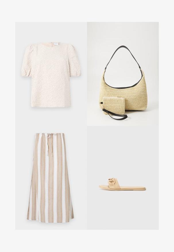 Paita avec des manches bouffantes en beige clair avec broderie florale. Dotée d'un col rond et d'une fermeture éclair discrète au dos. Tissu doux et texturé.; Raidallinen hame valkoisena ja vaaleanruskeana, jossa on nyörikiinnitys vyötäröllä ja pitkä, valuva muoto. Valmistettu kevyestä kankaasta, joka on rento istuvuus.; Nude-liukuvat sandaalit, jotka on valmistettu sileästä synteettisestä materiaalista. Niissä on solmittu hihnapohja ja tasainen pohja, ilman näkyvää metallia tai koristeita.; Kudottu olkikassi kaarevalla siluetilla, jossa on sileä musta nahkaremmi ja siihen kiinnitetty yhteensopiva pieni pussukka rannekahvalla.