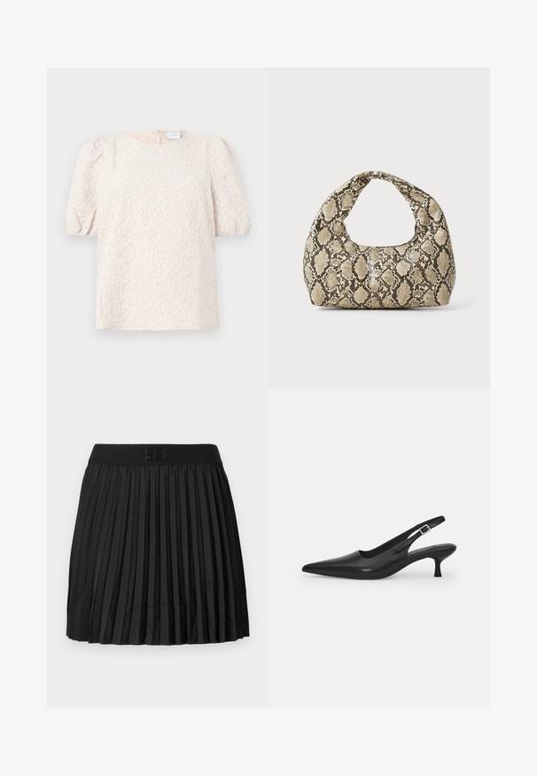 Gaiļa piedurkņu tops gaiši bēšā krāsā ar ziedu izšuvumu. Iespēj apaļa dekoltē un diskrēta aizmugures rāvējslēdzēja aizdare. Mīksta, teksturēta auduma.; Melna plātnēta svārku ar gludu tekstūru, ar vienkrāsainu melnu jostas daļu un reljefu logotipa detaļu priekšpusē.; Melnas ādas slīdošās kurpes ar norādītu pirkstu un šauru, izliekta papēdi. Ar diskrētu regulējamu siksniņu ar metāla sprādzi.; Čūsku raksta soma ar izliekto rokturi. Izgatavota no teksturētiem, bēšiem un brūniem materiāliem, ar izteiksmīgu dimanta rakstu.